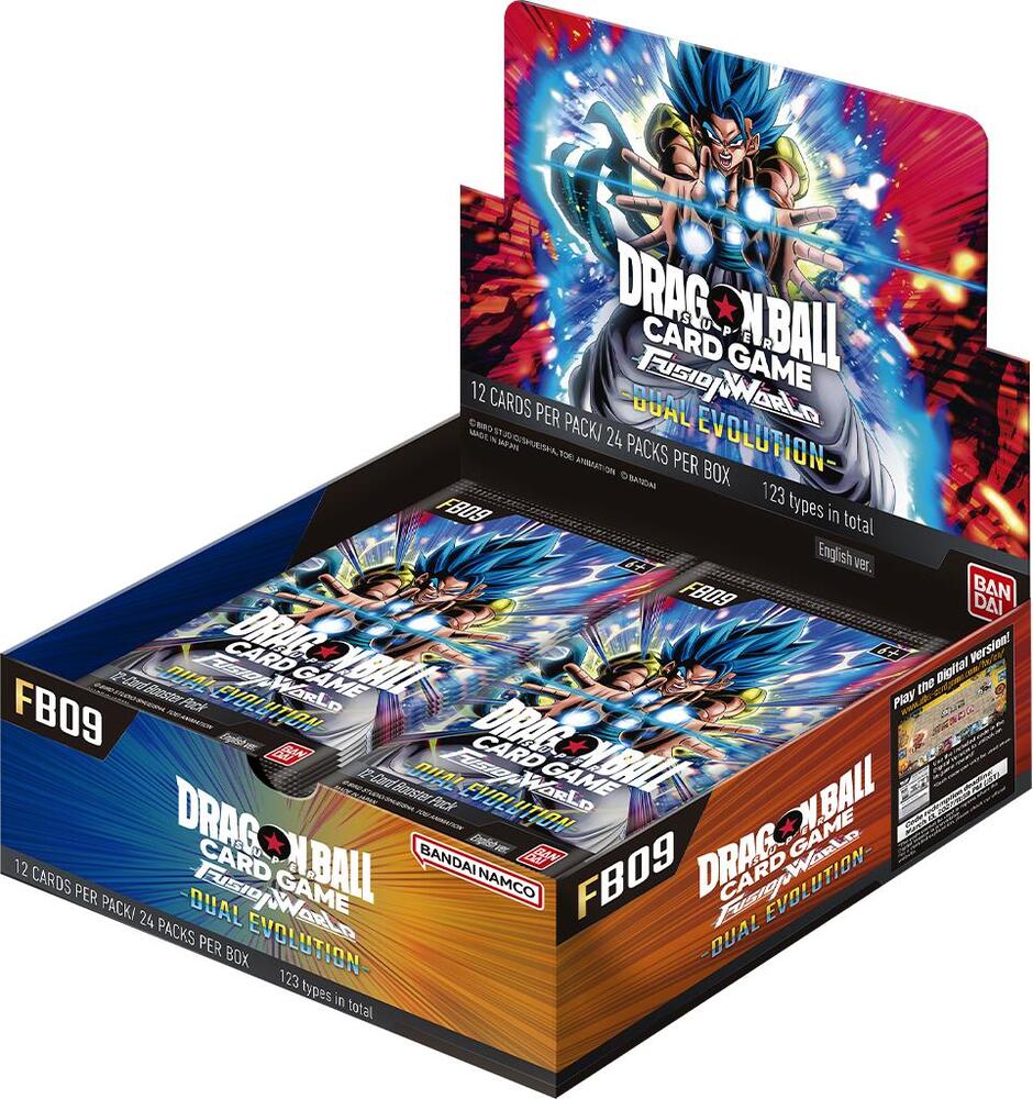 Bandai Dragon Ball Fusion World Dual Evolution Booster Box with colorful artwork and multiple booster packs on a white background.