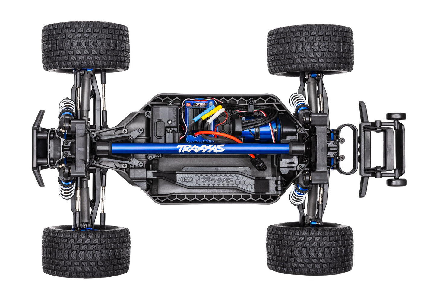 Overhead view of the Traxxas Rustler 4X4 VXL Ultimate RC truck chassis showing its detailed build and components.