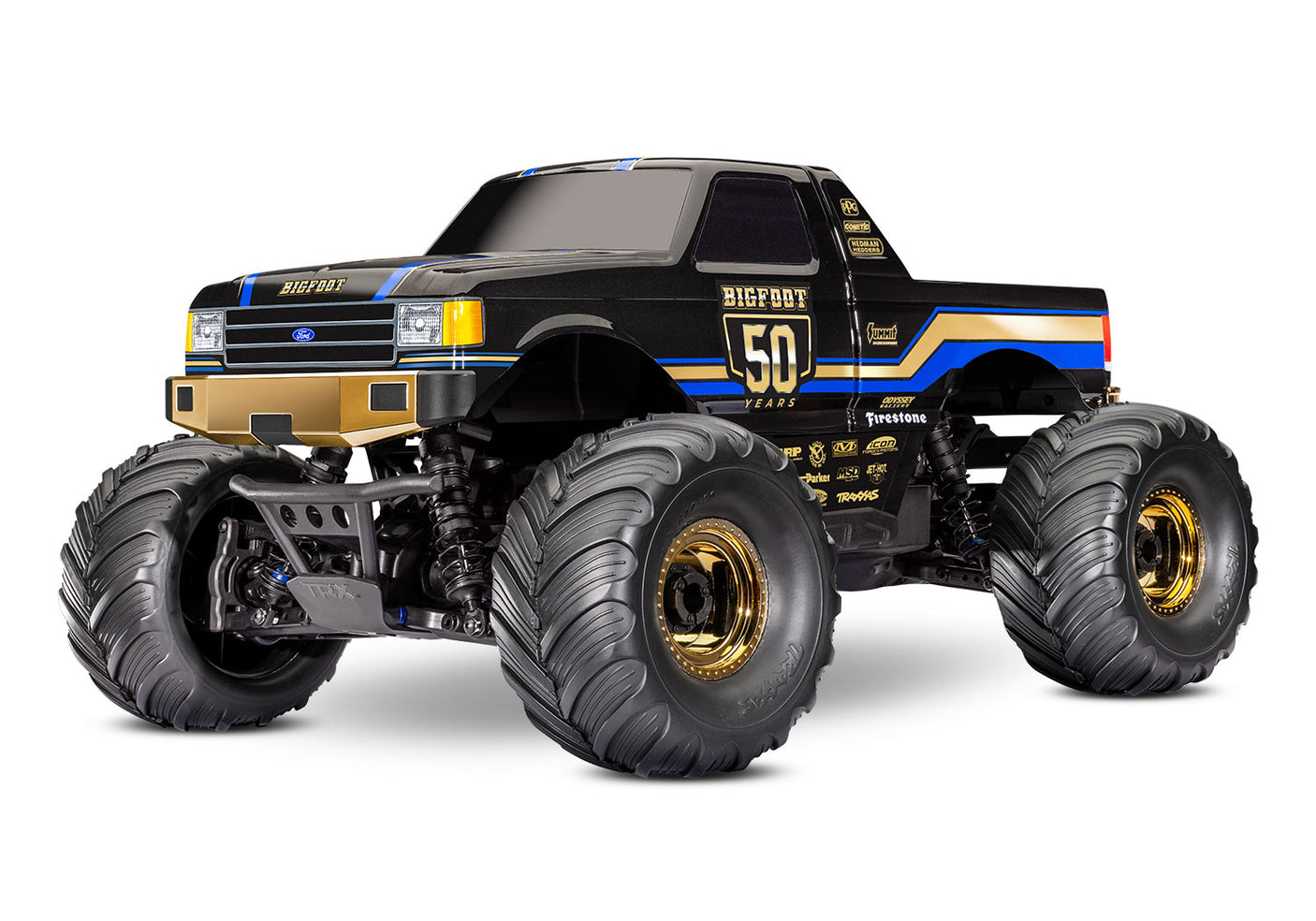 Traxxas 1/10 Bigfoot 50th anniversary 4x4 RTR RC truck, front quarter view showing detailed body and off-road tires