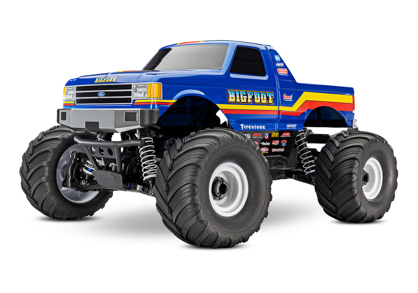 Traxxas Bigfoot 4x4 BL-2S remote control monster truck front quarter view showing rugged tires and bright red body.