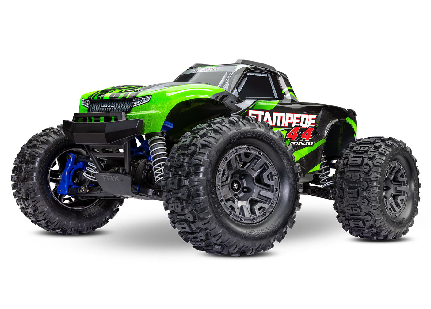 Green Traxxas Stampede 4X4 BL-2s electric monster truck on a dirt track, showcasing its rugged design and off-road tires.