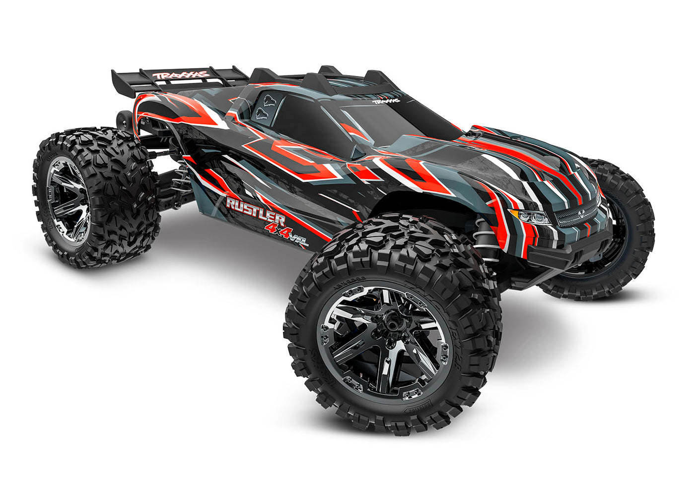 Red Traxxas Rustler 4X4 VXL remote control car shown from a three-quarter front angle.