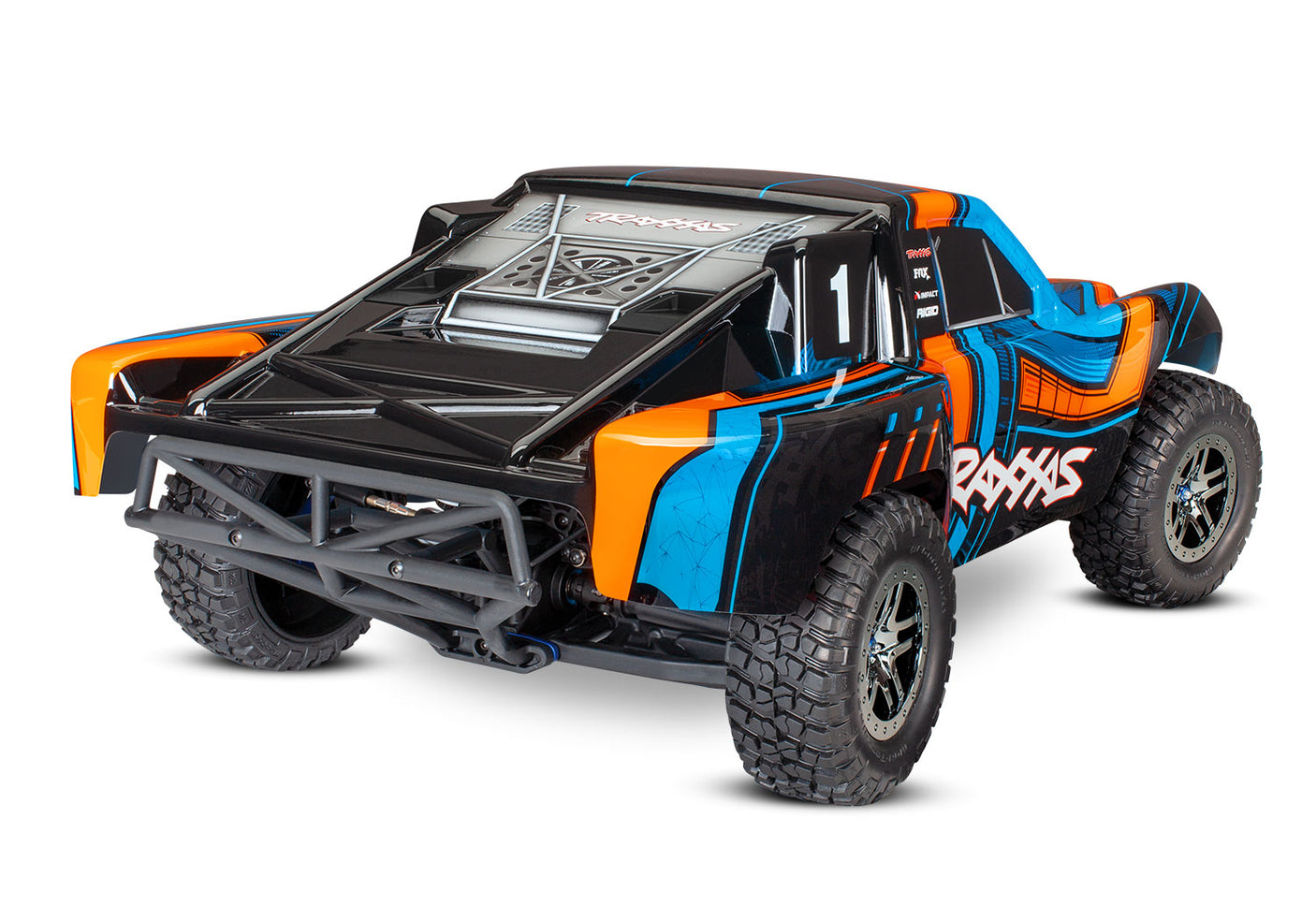 Traxxas Slash 4X4 VXL Ultimate RC truck with orange body, rear view showing off-road tires and detailed design.