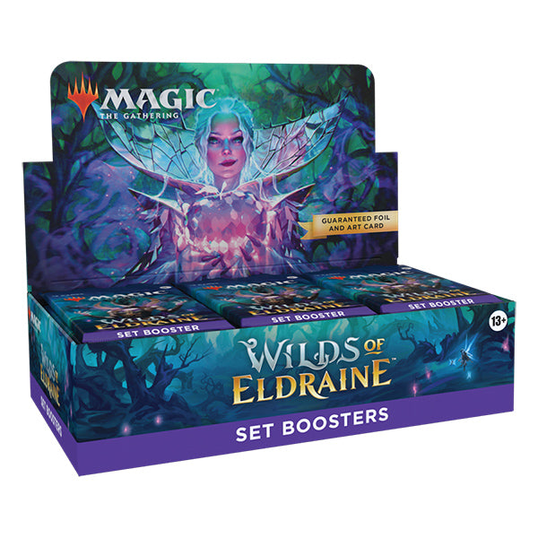 Wilds of Eldraine Set Booster Box from Wizards of the Coast for Magic: The Gathering, featuring colorful fantasy-themed artwork.