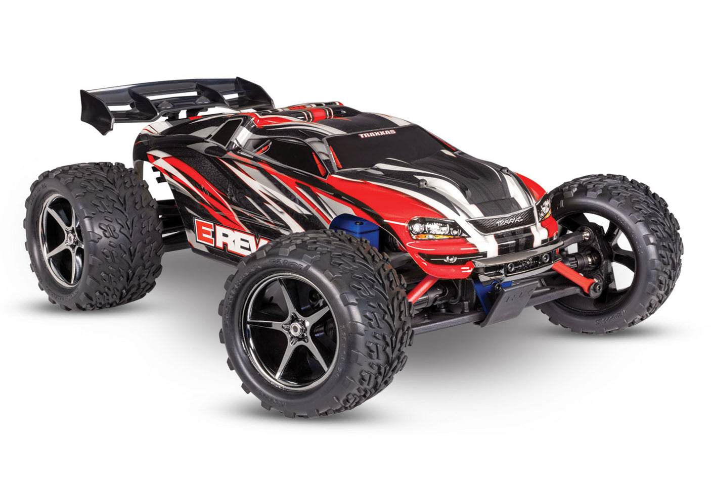 Red Traxxas 1/16 E-Revo 4X4 remote control truck shown from a three-quarter low angle.