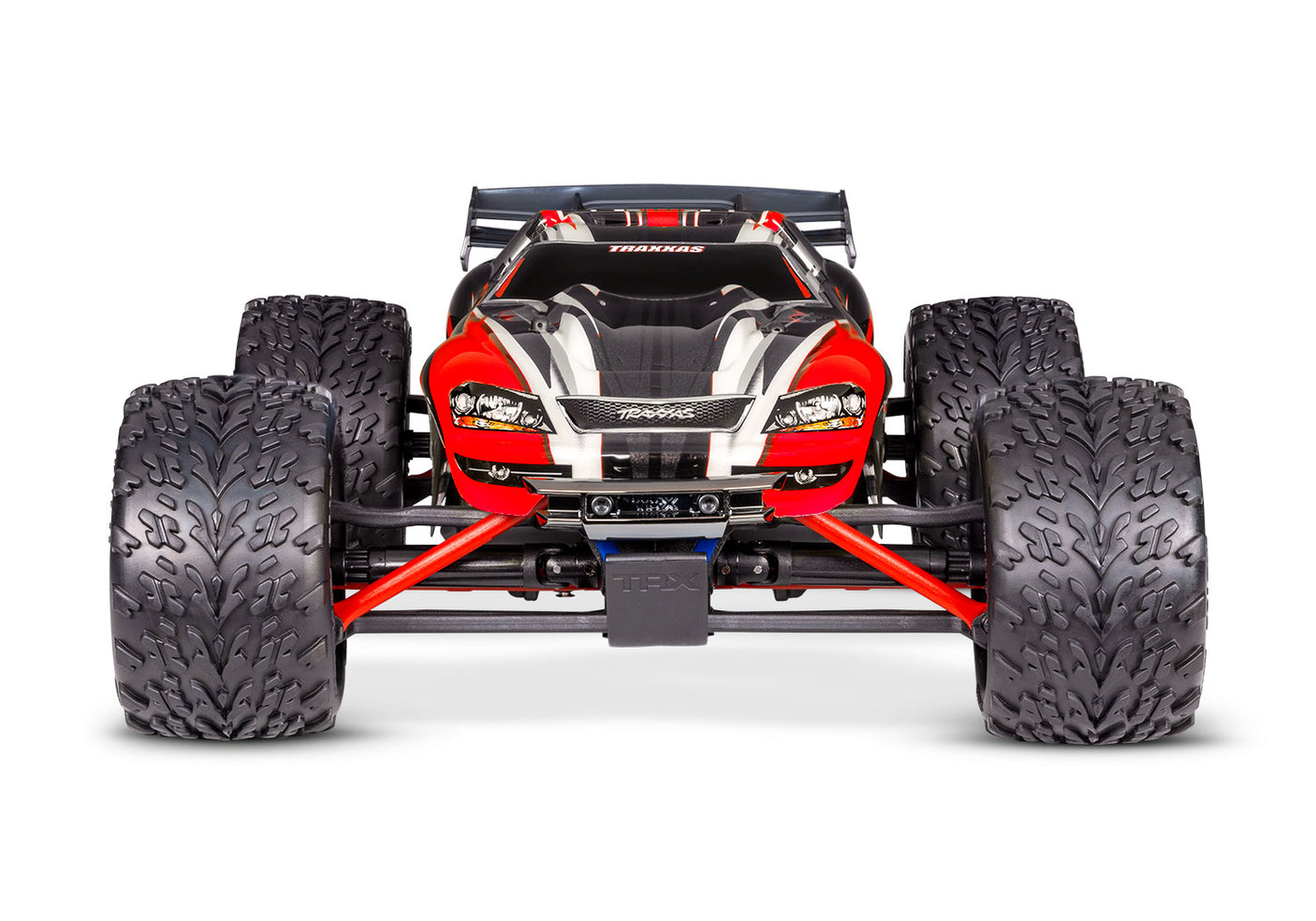 Red Traxxas 1/16 E-Revo 4X4 RC truck with front view, showcasing detailed body and rugged off-road tires.