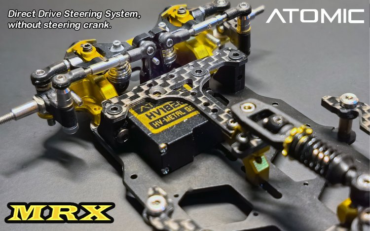 Atomic RC MRX 2WD Pan Car Kit showing a sleek remote-controlled racing car with detailed chassis and vibrant paintwork.