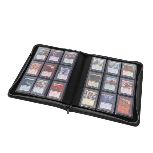 BCW Z-Folio 9-Pocket LX Toploaders binder with clear plastic pages holding collectible cards, designed for secure display and storage.