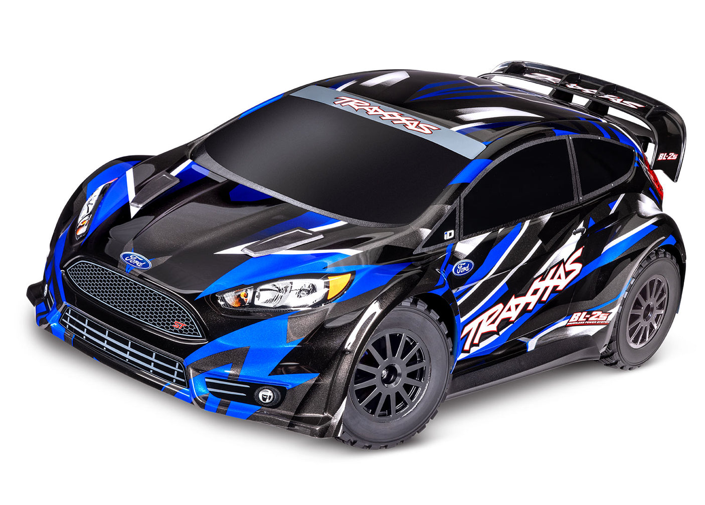 Blue Traxxas Ford Fiesta ST Rally BL-2s remote control car on a white background with detailed body and rally car design.