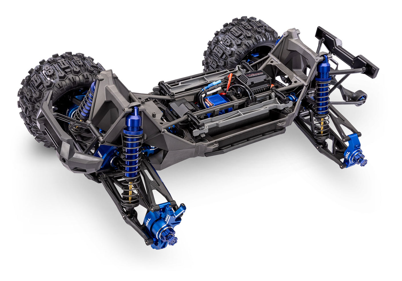 Traxxas X-Maxx Ultimate remote control monster truck chassis in blue with detailed suspension and rugged design.