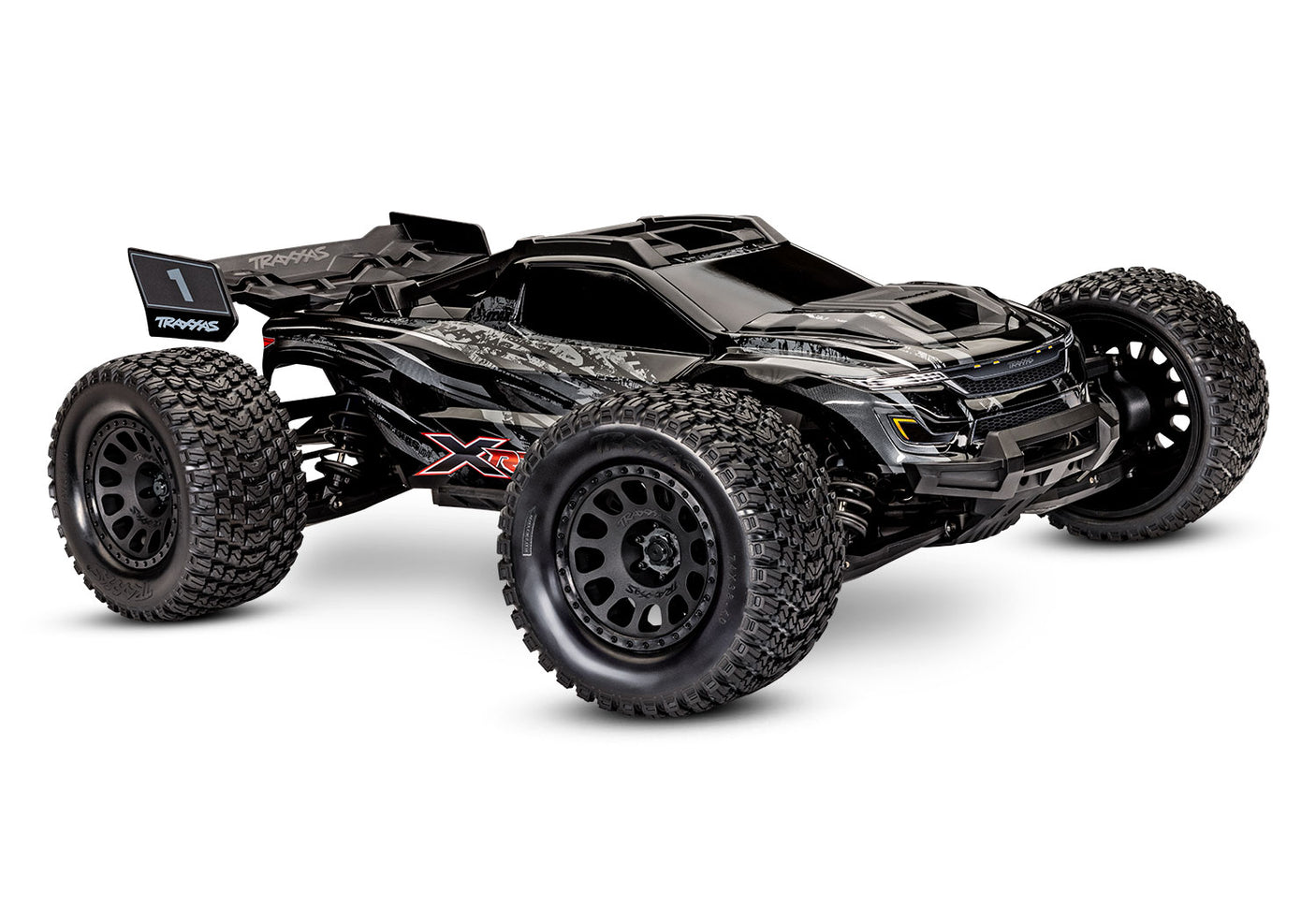 Traxxas XRT 8S RC truck in orange, front three-quarter view showing rugged off-road design and large tires.