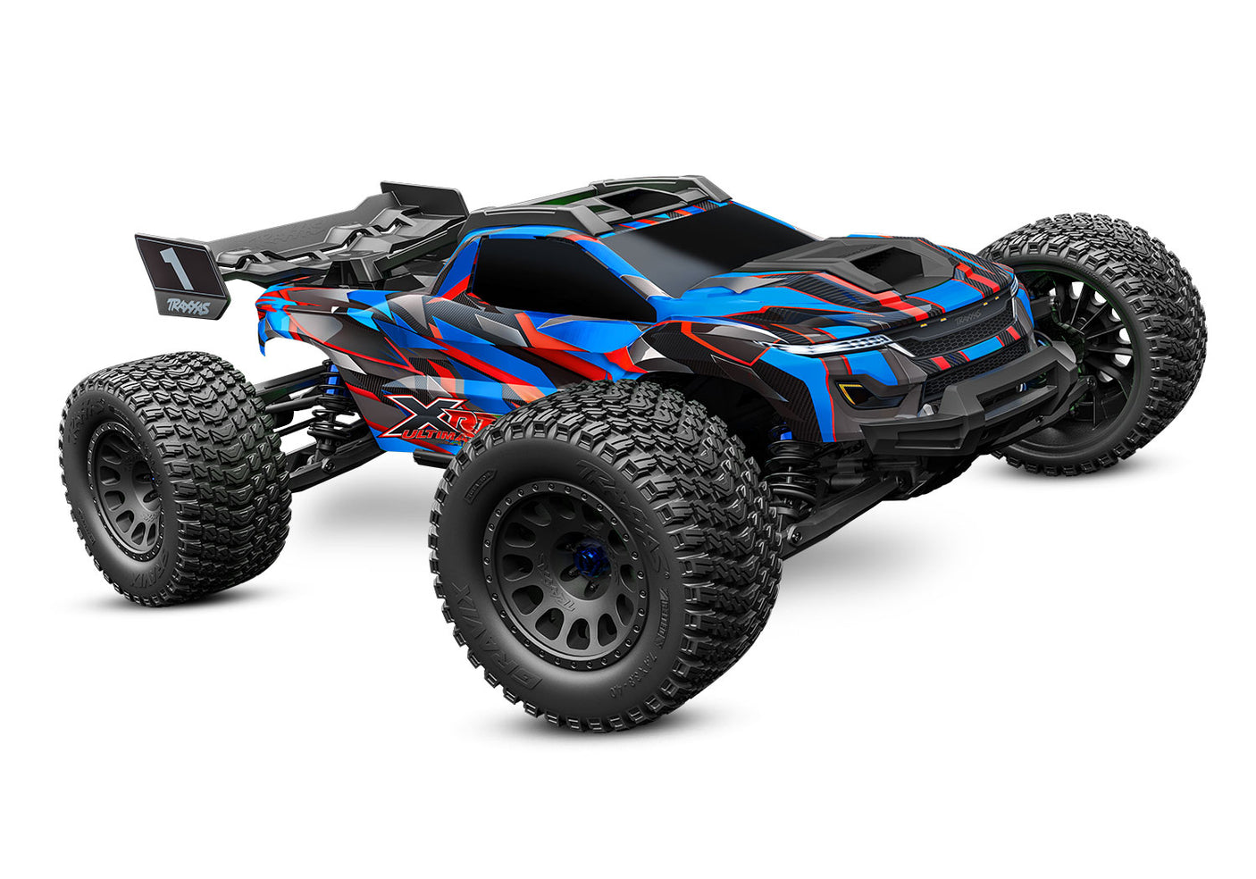 Traxxas XRT Ultimate remote control truck in blue, showing front view with rugged tires and detailed body design.