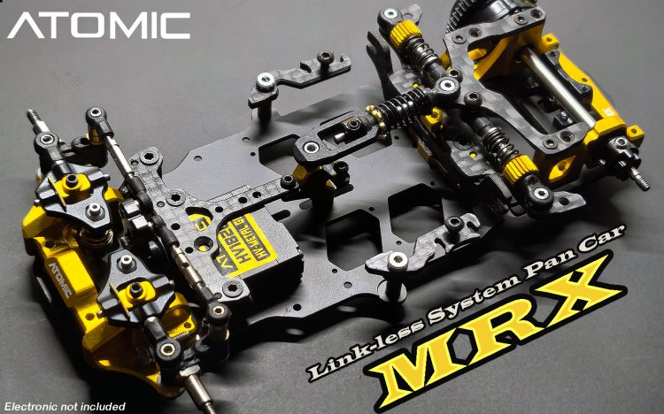 Atomic RC MRX 2WD Pan Car Kit, featuring detailed chassis and components, ready for assembly and racing on the track.