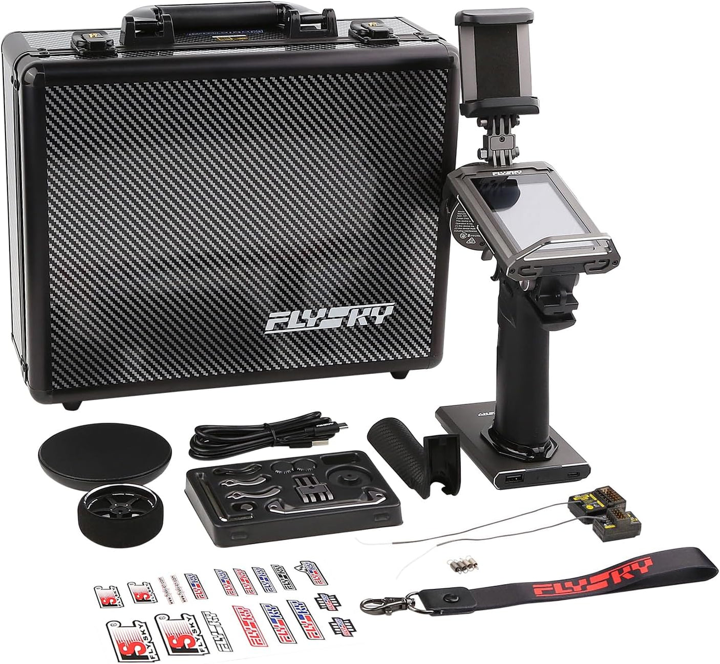 Flysky Noble NB4 Pro+ RC transmitter with FGr4B and FGr8B receivers, featuring ergonomic design and multiple control buttons.