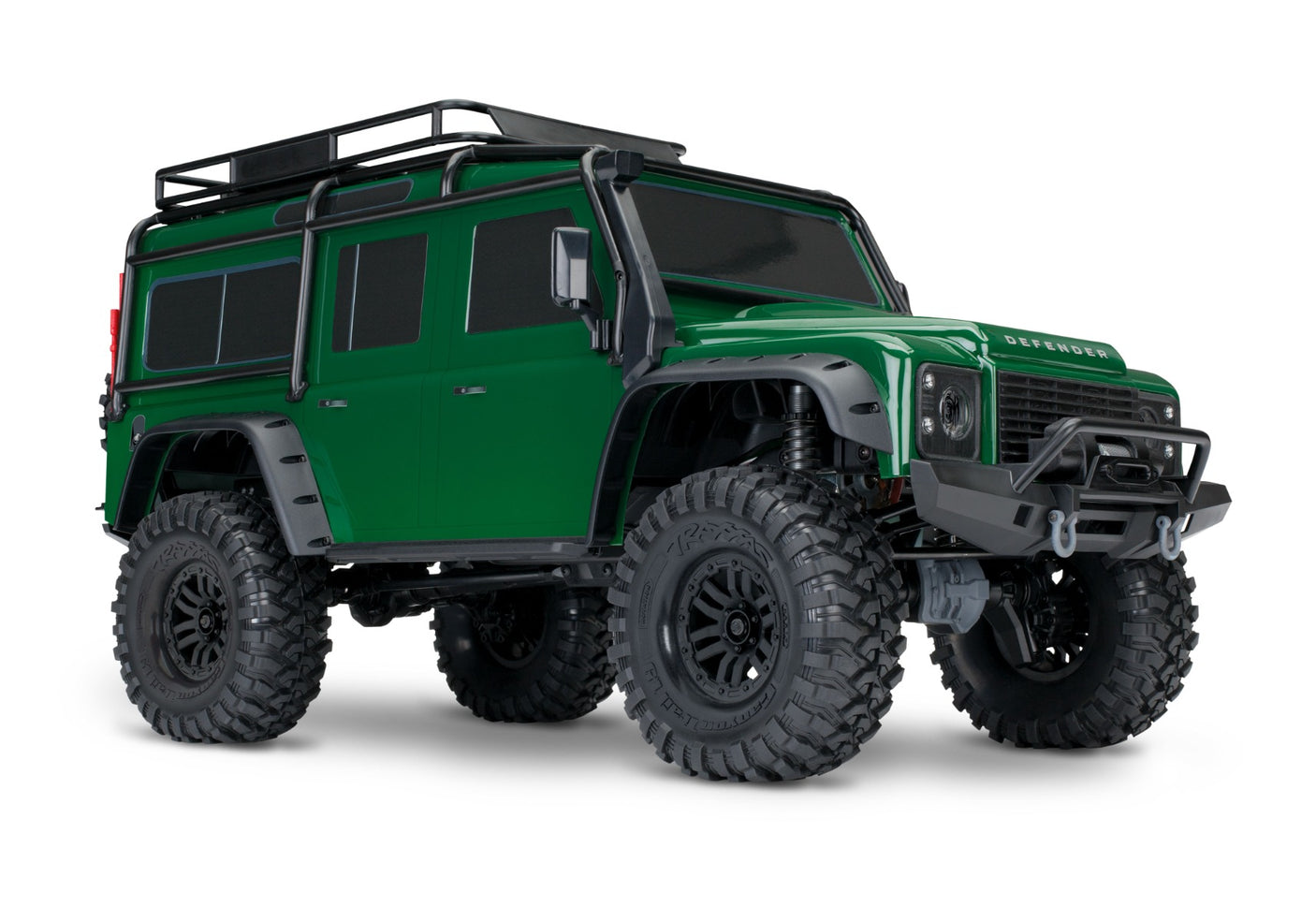 Green Traxxas TRX-4 Land Rover Defender RC truck shown from a three-quarter front angle.