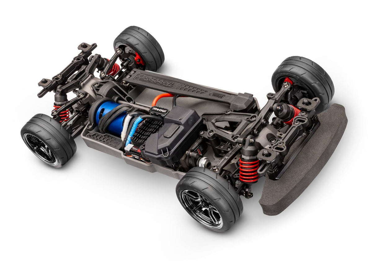 Traxxas 4-Tec 2.0 brushless RC car chassis, front quarter view showing detailed construction and components.