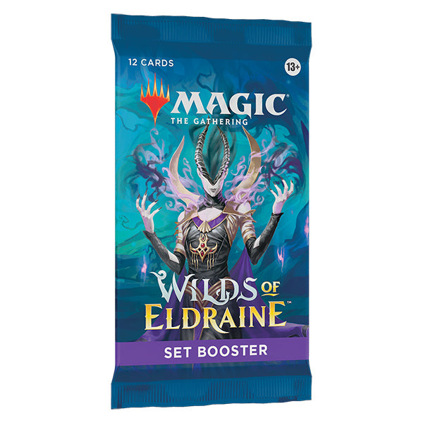 MTG Wilds of Eldraine Set Booster Pack from Wizards of the Coast, featuring colorful fantasy artwork and booster pack design.