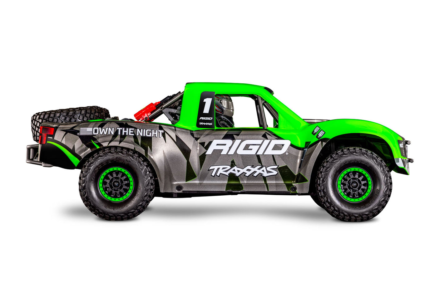Traxxas Unlimited Desert Racer RC truck with green side panels and rugged off-road tires, shown from a side view.