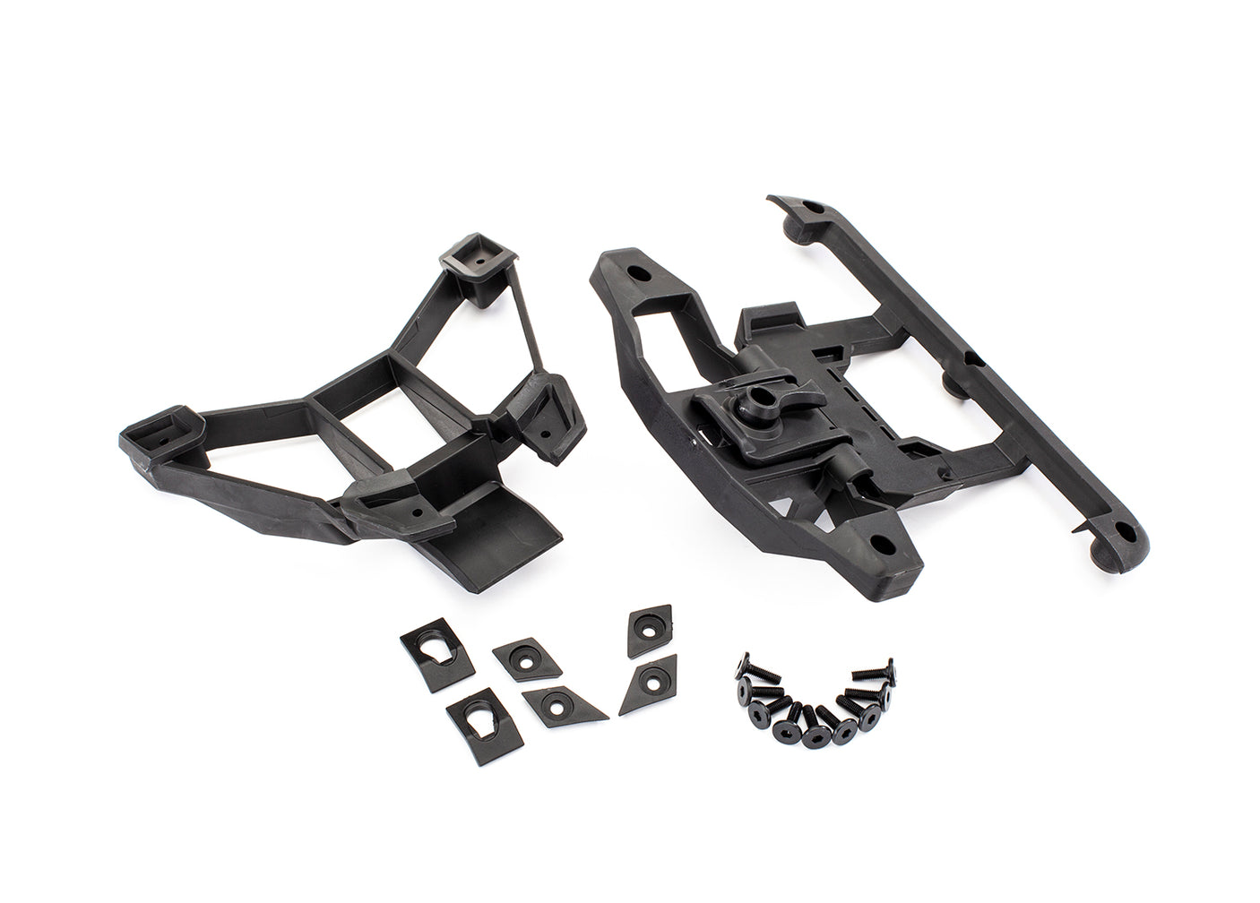 Traxxas front and rear body mounts with hardware for RC car, showing assembled mounts and screws on a white background.