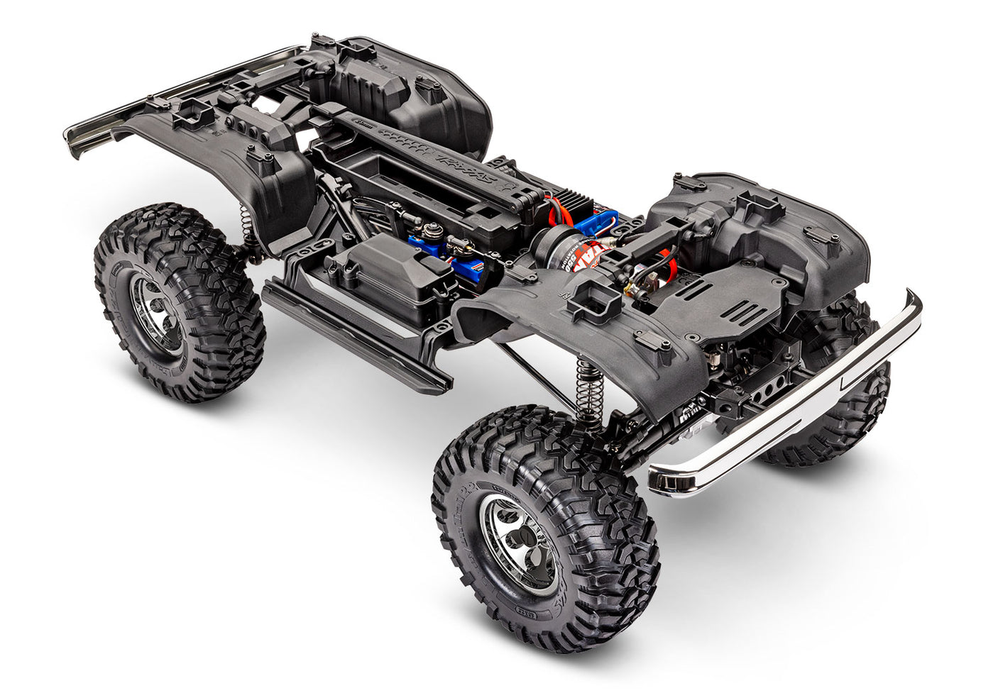 Traxxas TRX-4 Chevrolet K10 High Trail Edition RC truck chassis viewed from front three-quarter angle.