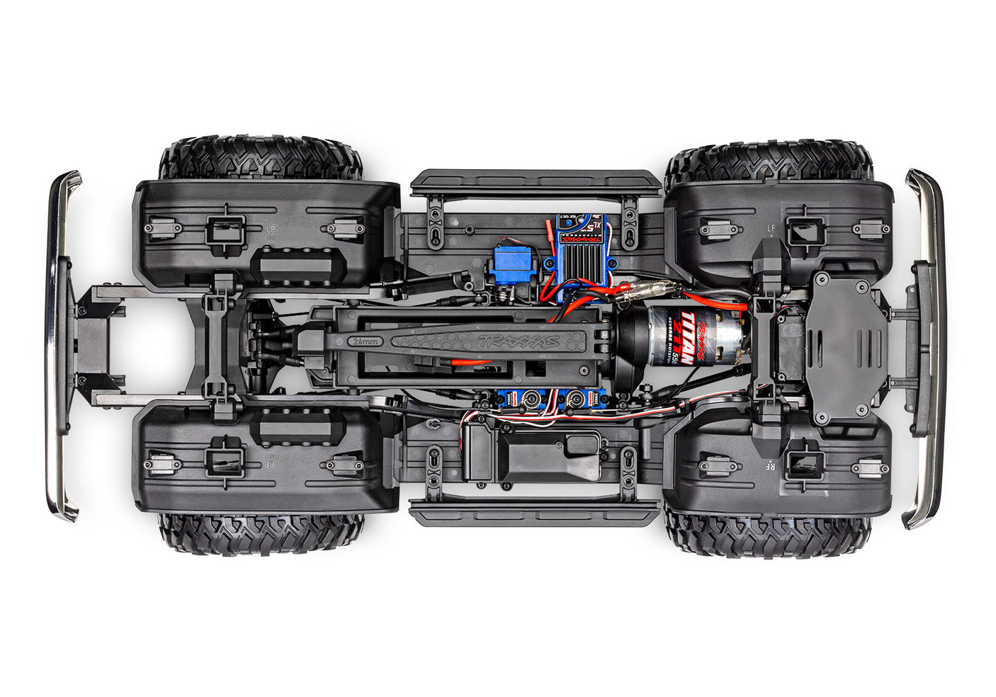 Overhead view of the Traxxas TRX-4 Chevrolet K10 High Trail Edition RC truck chassis showing detailed construction and rugged design.