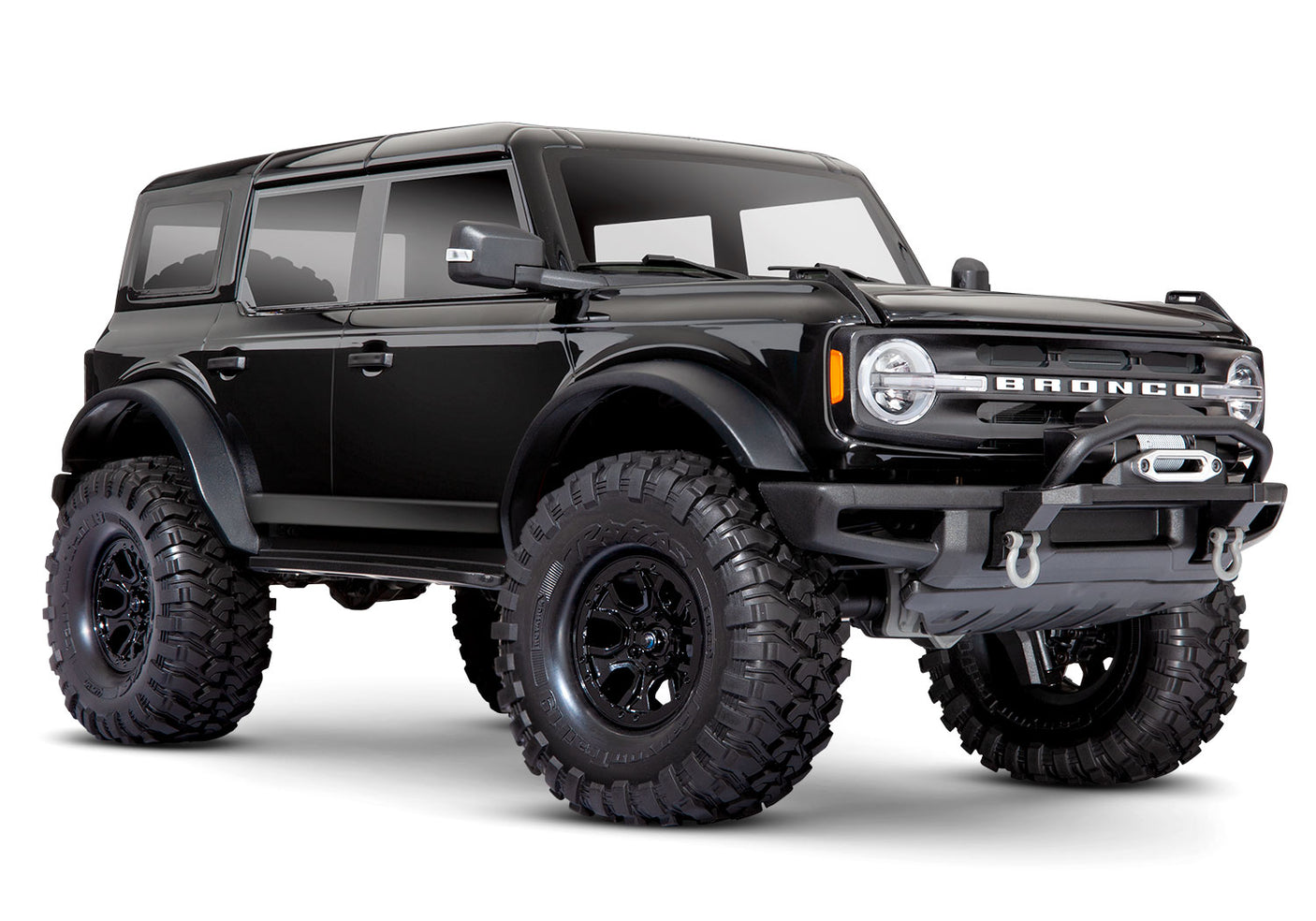 Traxxas TRX-4 2021 Ford Bronco 4x4 RTR crawler with detailed front view and black body, showcasing off-road tires and rugged design.