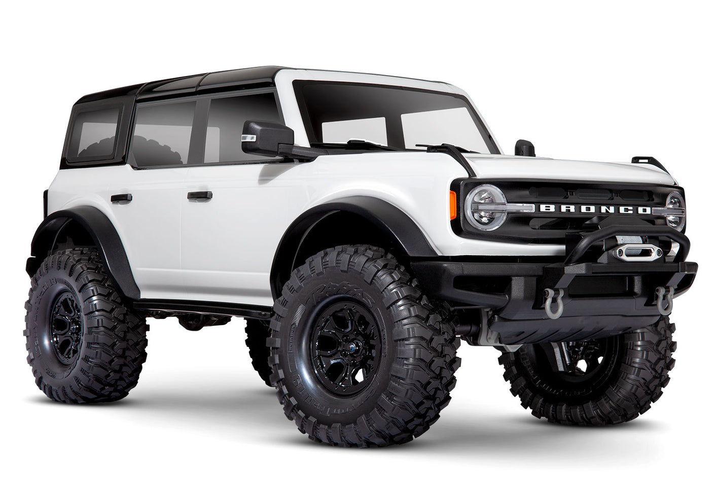 Traxxas TRX-4 2021 Ford Bronco 4x4 RTR crawler with detailed front and quarter view, showcasing rugged design and off-road features.