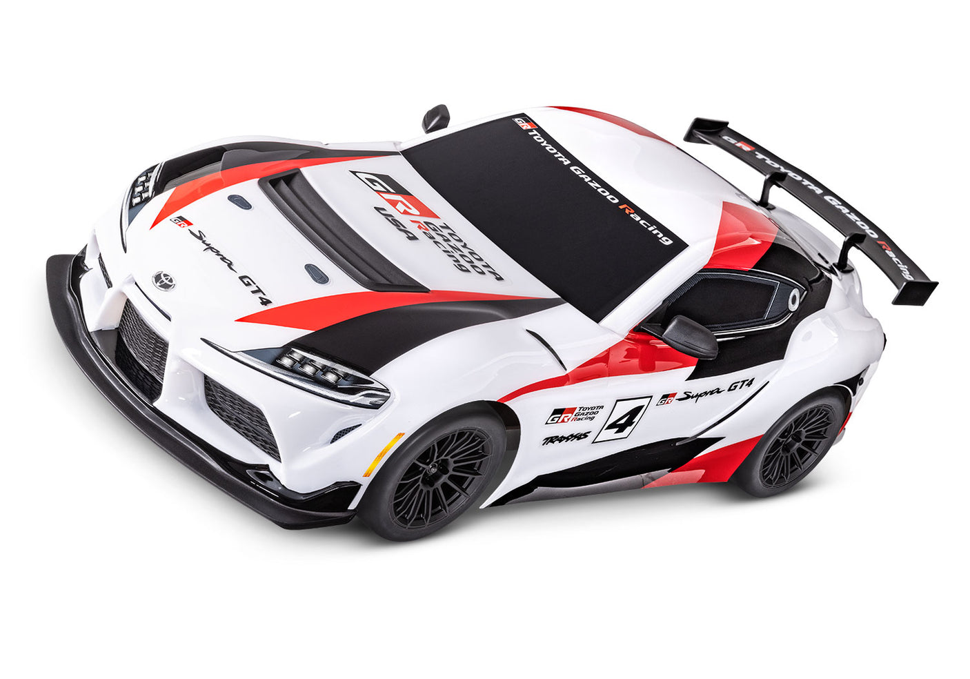 Traxxas 4-Tec 3.0 Toyota Supra BL-2s RC car front three-quarter view, showing detailed body and sleek design from high-left angle.