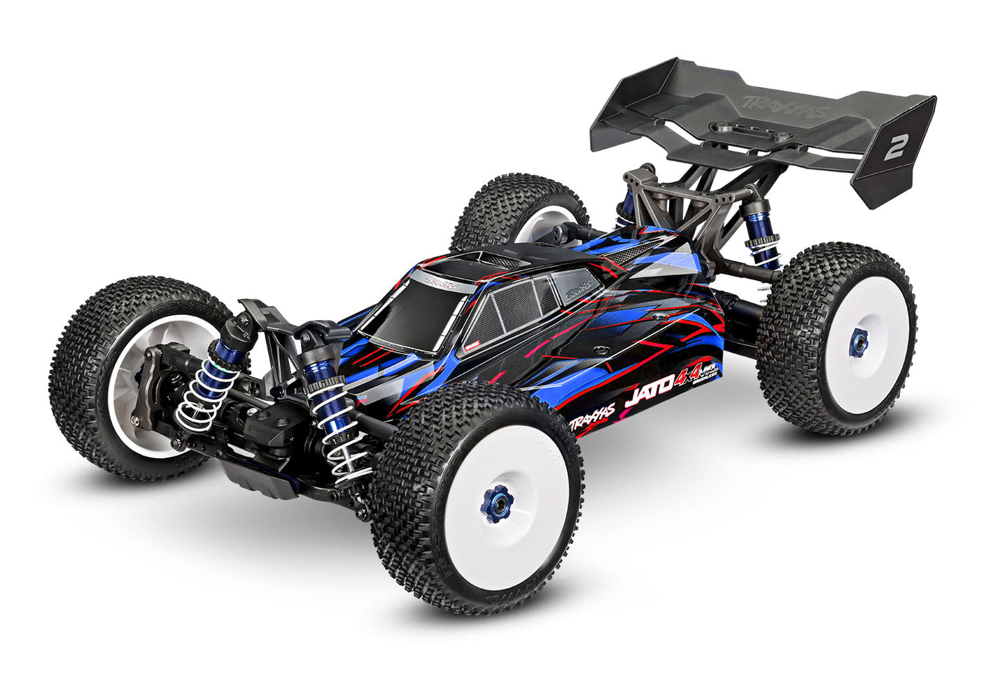 Traxxas Jato 4X4 VXL 4S RC truck with blue body and detailed front view, showcasing its powerful design and vibrant color.