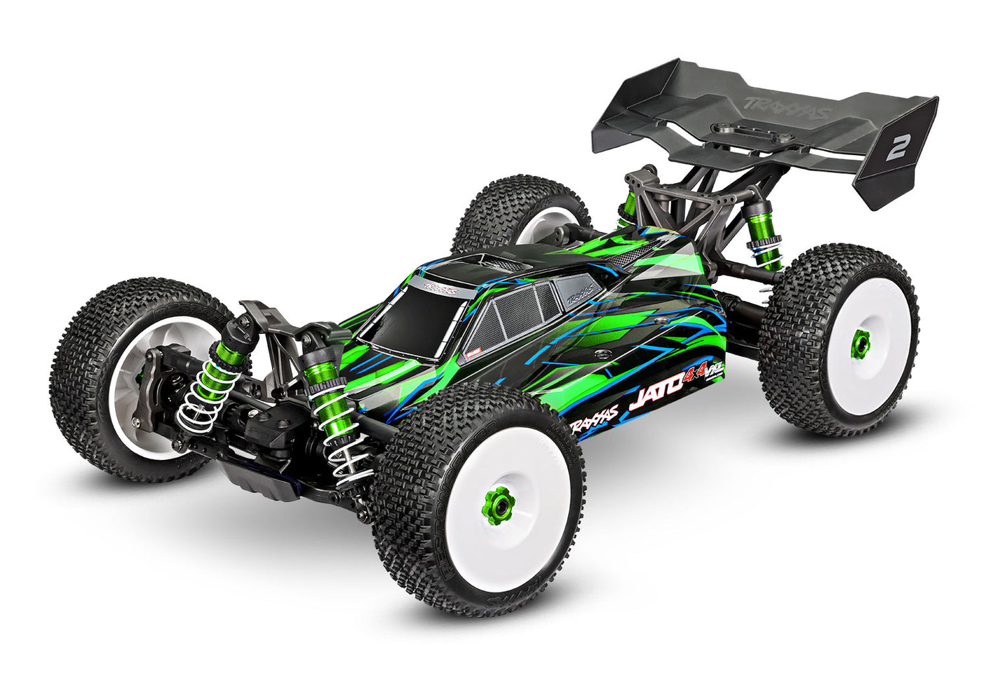 Traxxas Jato 4X4 VXL 4S remote control car with green body and detailed front view