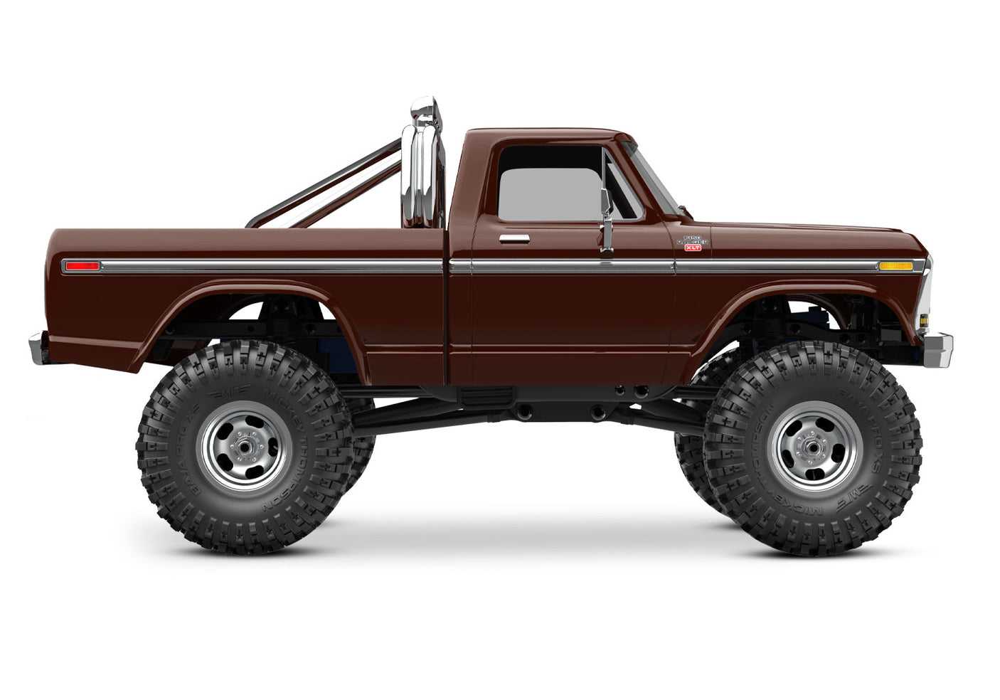 Traxxas TRX-4M 1/18 Ford F-150 High Trail Edition RC truck showing side view with brown body and detailed design