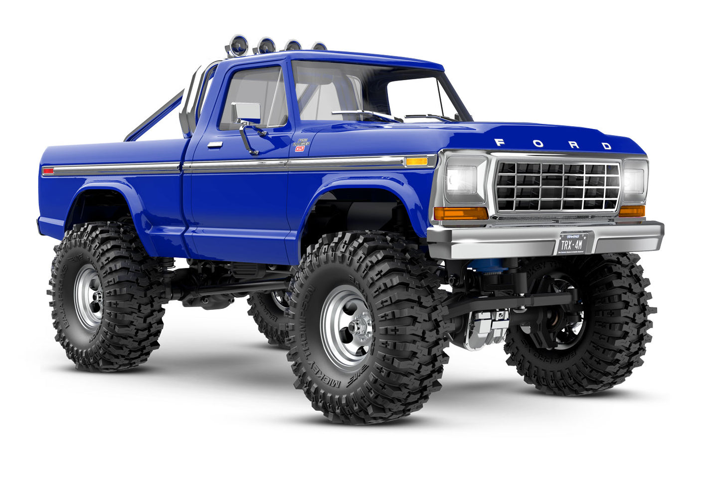 Traxxas TRX-4M 1/18 Ford F-150 High Trail Edition remote control truck, front view showing blue body and detailed design.
