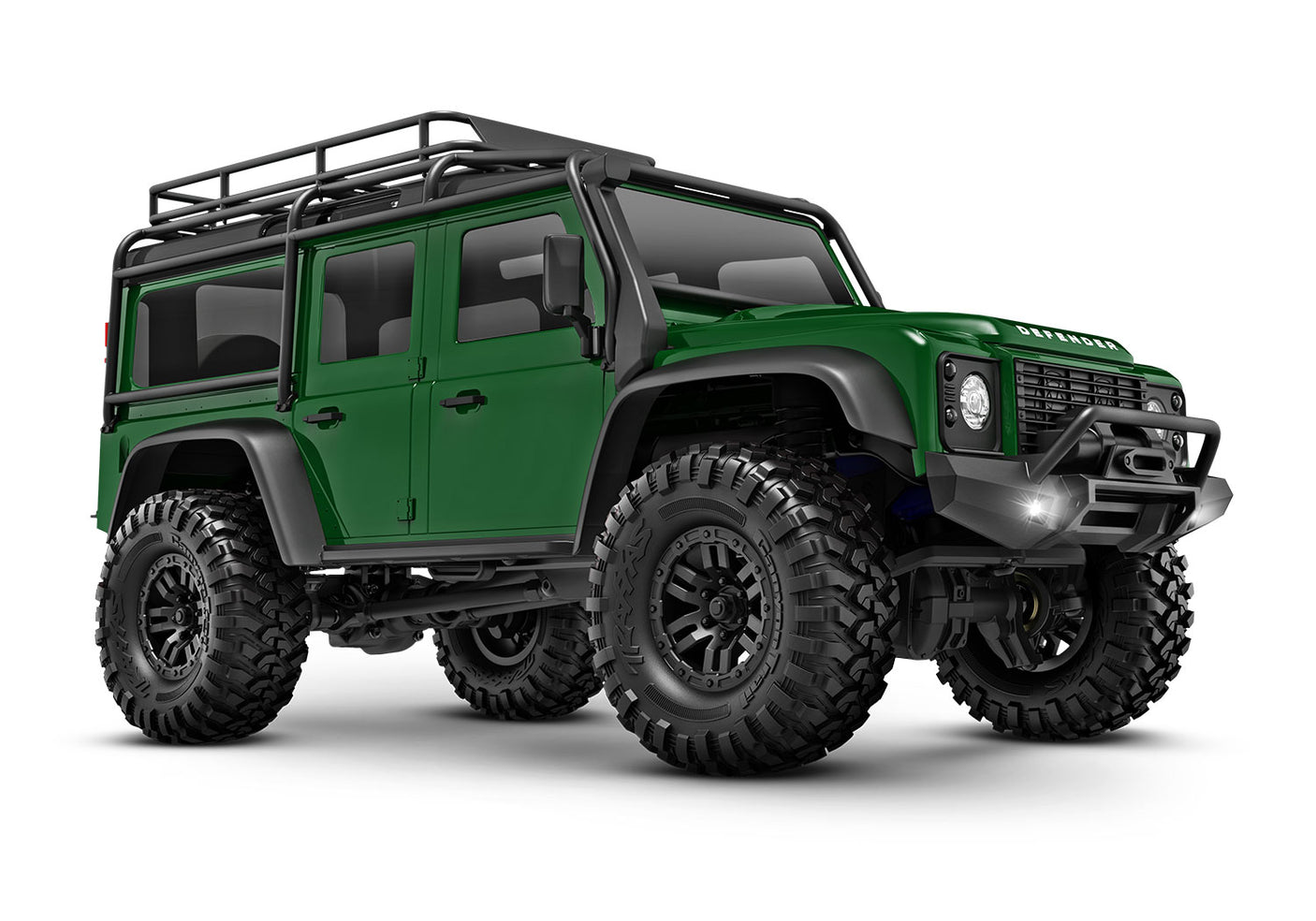 Traxxas TRX-4M Land Rover Defender RC model vehicle shown from a 3/4 front view in green color.
