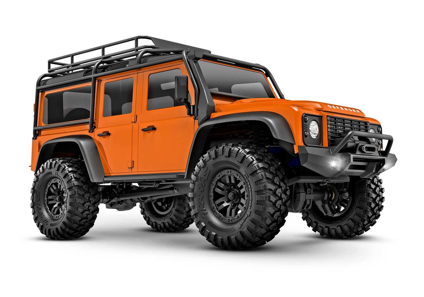 Traxxas TRX-4M Land Rover Defender remote control vehicle, orange with detailed front and side view.