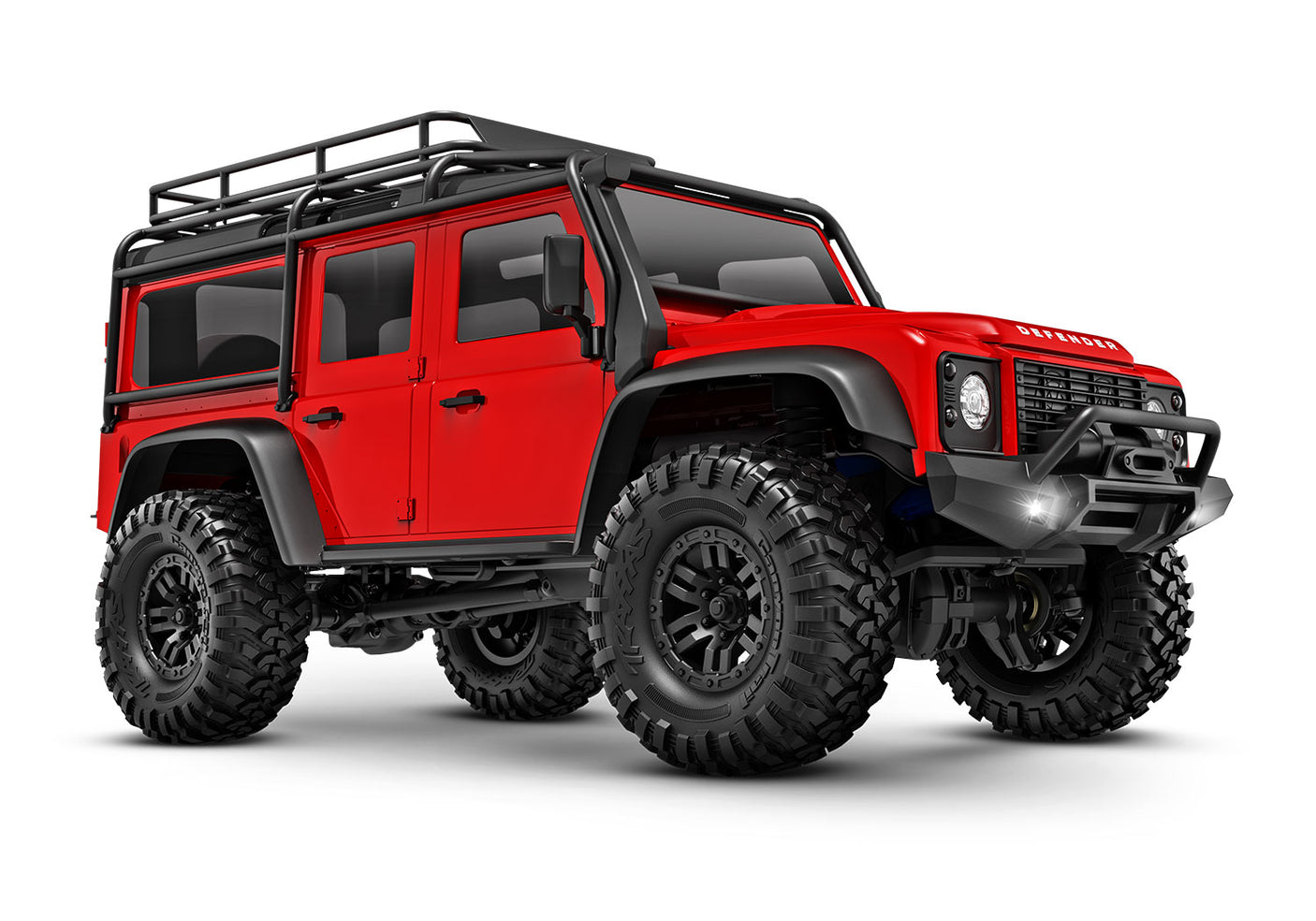 Red Traxxas TRX-4M Land Rover Defender RC truck shown from a three-quarter front angle.