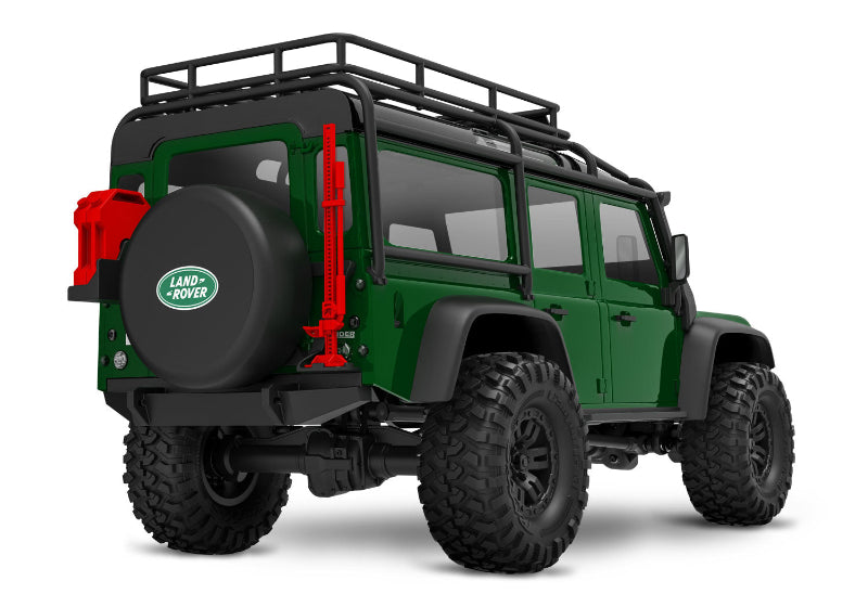 Traxxas TRX-4M Land Rover Defender remote control RC truck shown from three-quarter rear view in green.