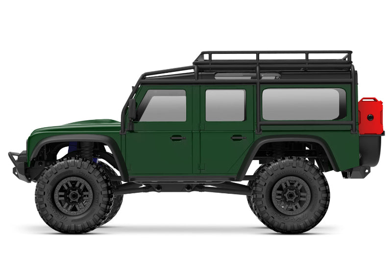 Side view of the Traxxas TRX-4M Land Rover Defender RC truck in green, showcasing detailed exterior and off-road design features.
