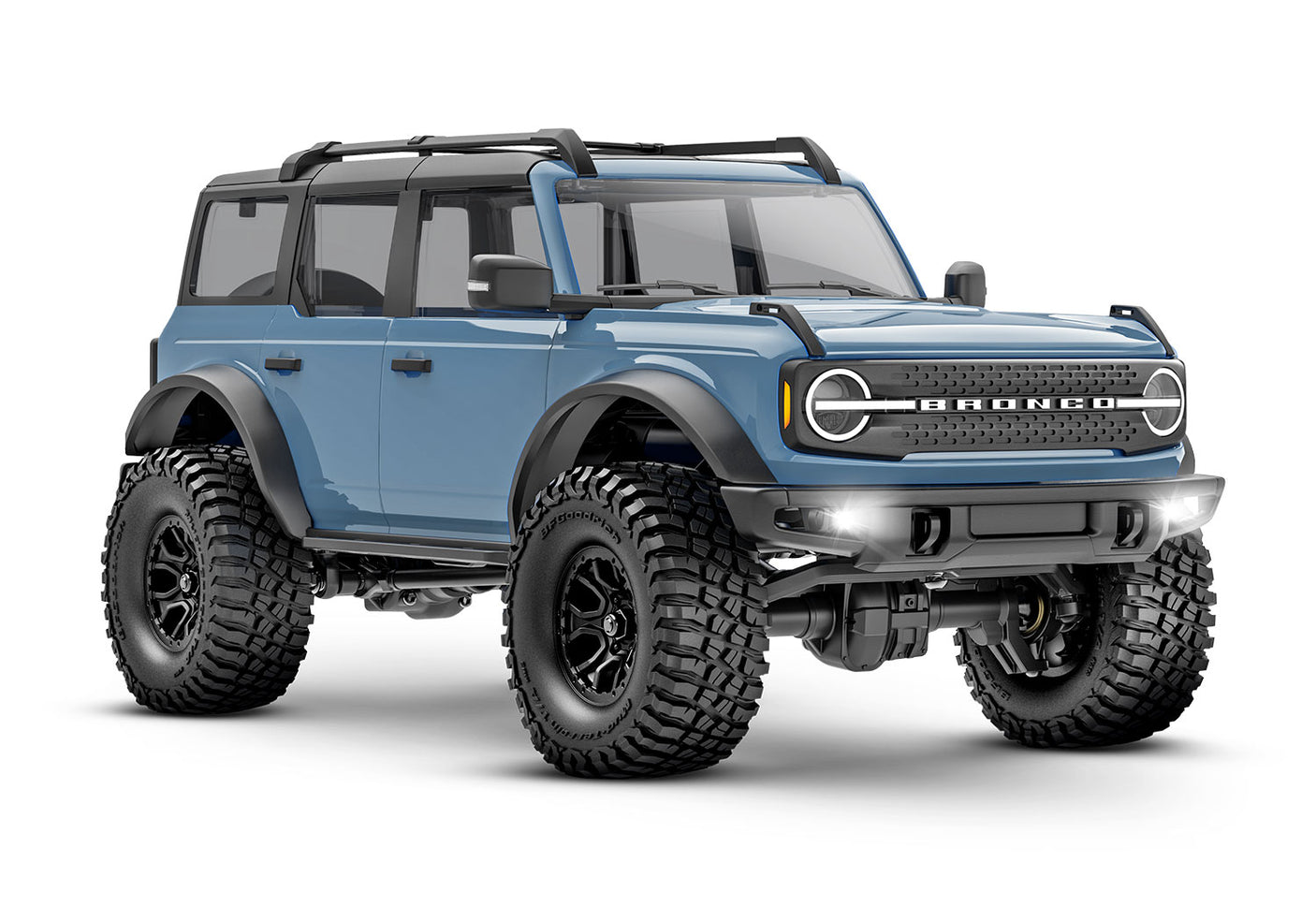 Traxxas TRX-4M Ford Bronco RC truck's front three-quarter view, showcasing detailed exterior and rugged design.