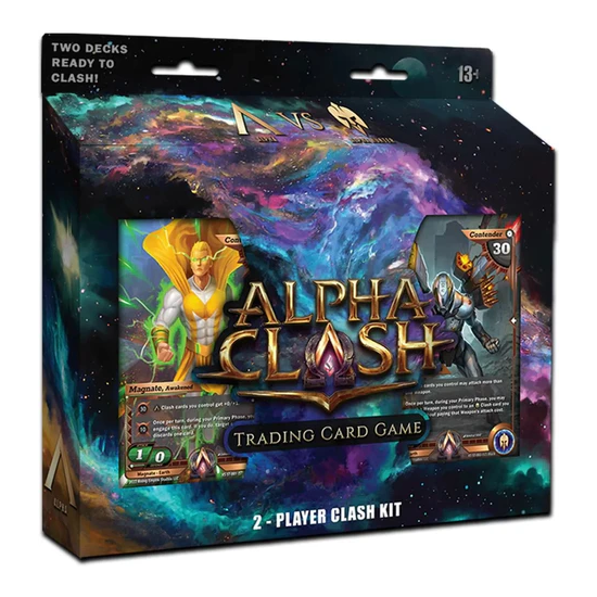 Two-player collectible trading card game kit for Alpha Clash TCG: The Awakening by Rising Empire Studios, featuring cards and game components.