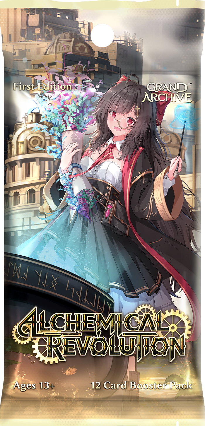 Weebs of the Shore Grand Archive TCG Alchemical Revolution booster pack featuring colorful card artwork and fantasy-themed design.
