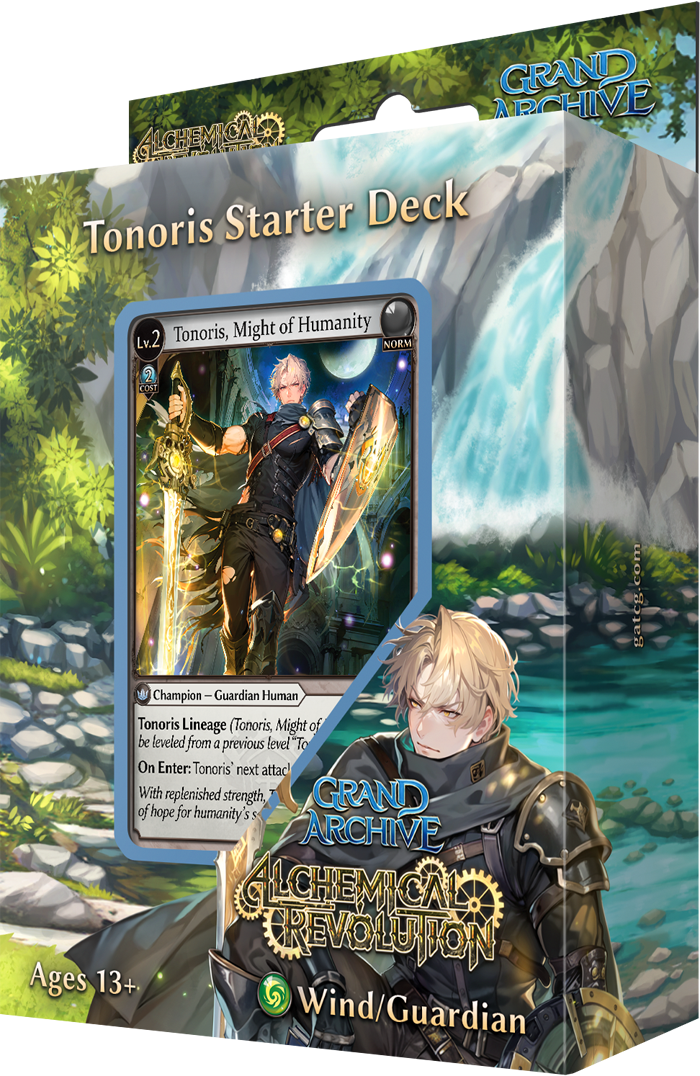 Weebs of the Shore Grand Archive TCG Alchemical Revolution Starter Deck with colorful cards spread out on a tabletop.