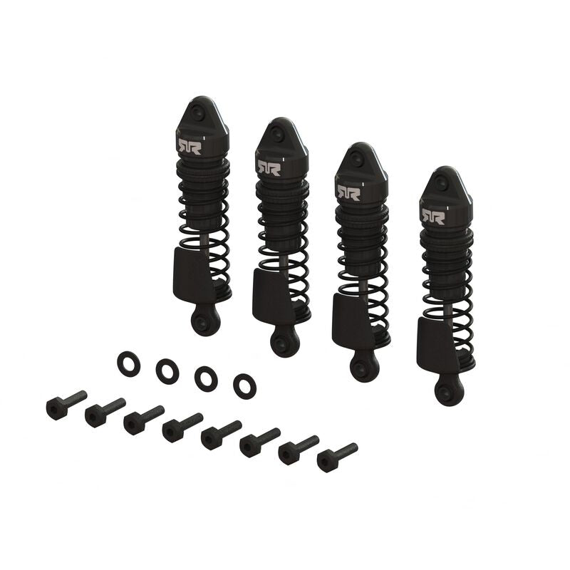 ARRMA GROM aluminum shock set with four durable metal shocks for RC cars, featuring a sleek silver finish and precise construction.