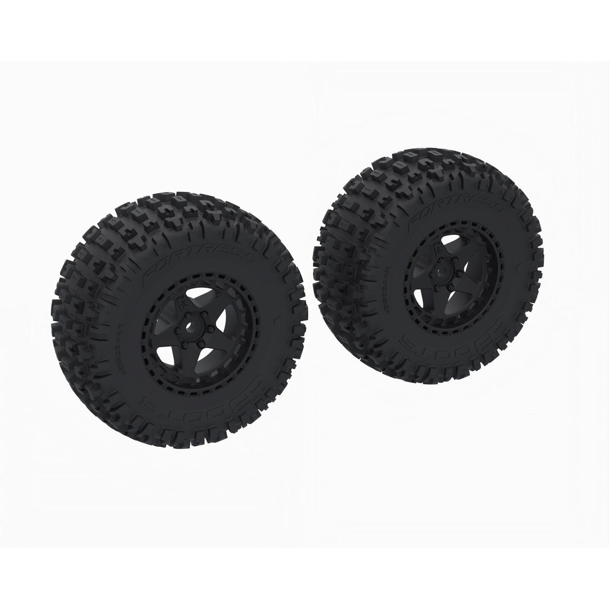 Pair of ARRMA DBOOTS Fortress SC mounted tires for off-road RC trucks, showing tread pattern and rubber construction.