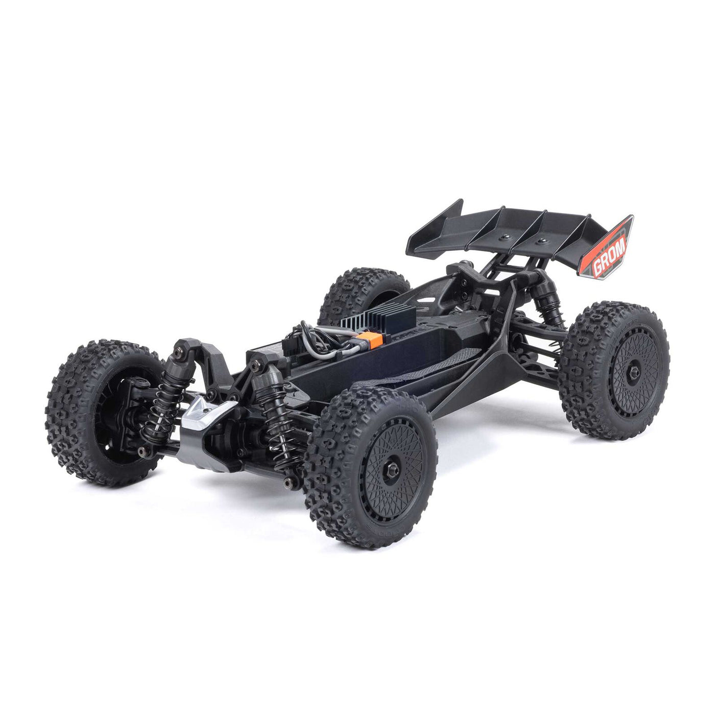 ARRMA 1/14 Typhon GROM 4X4 RTR brushed buggy shown on rugged terrain with large off-road tires and detailed body design.