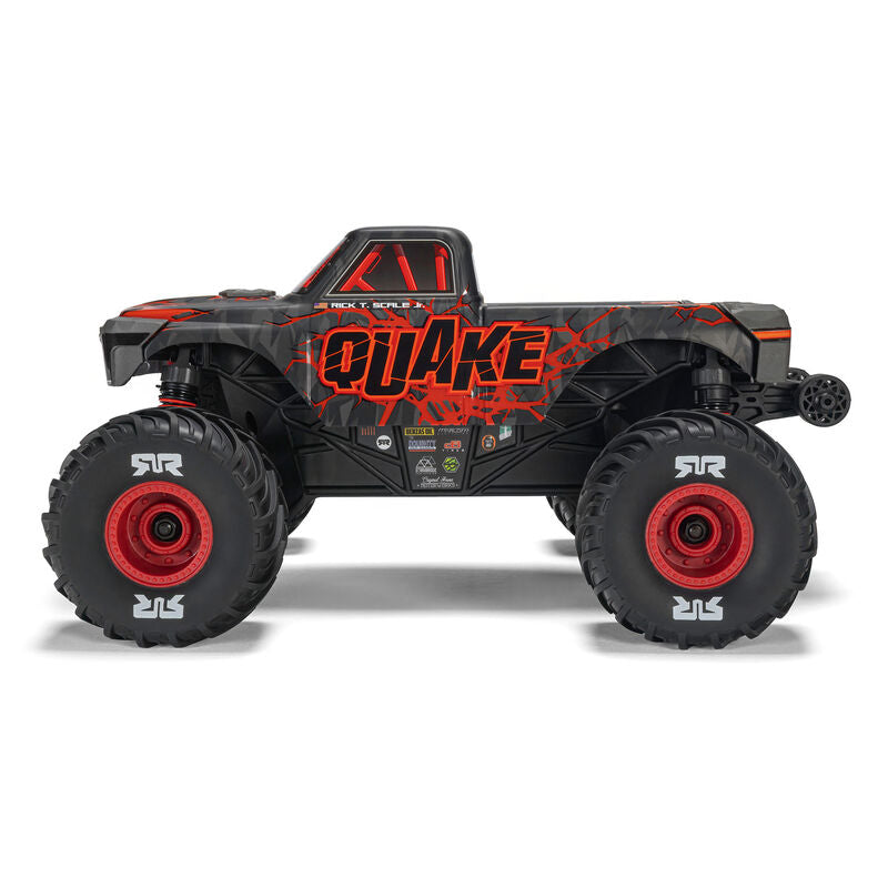 ARRMA 1/16 Quake Grom 4x4 RTR brushed monster truck on rugged terrain, showcasing its compact off-road design and bright color scheme.