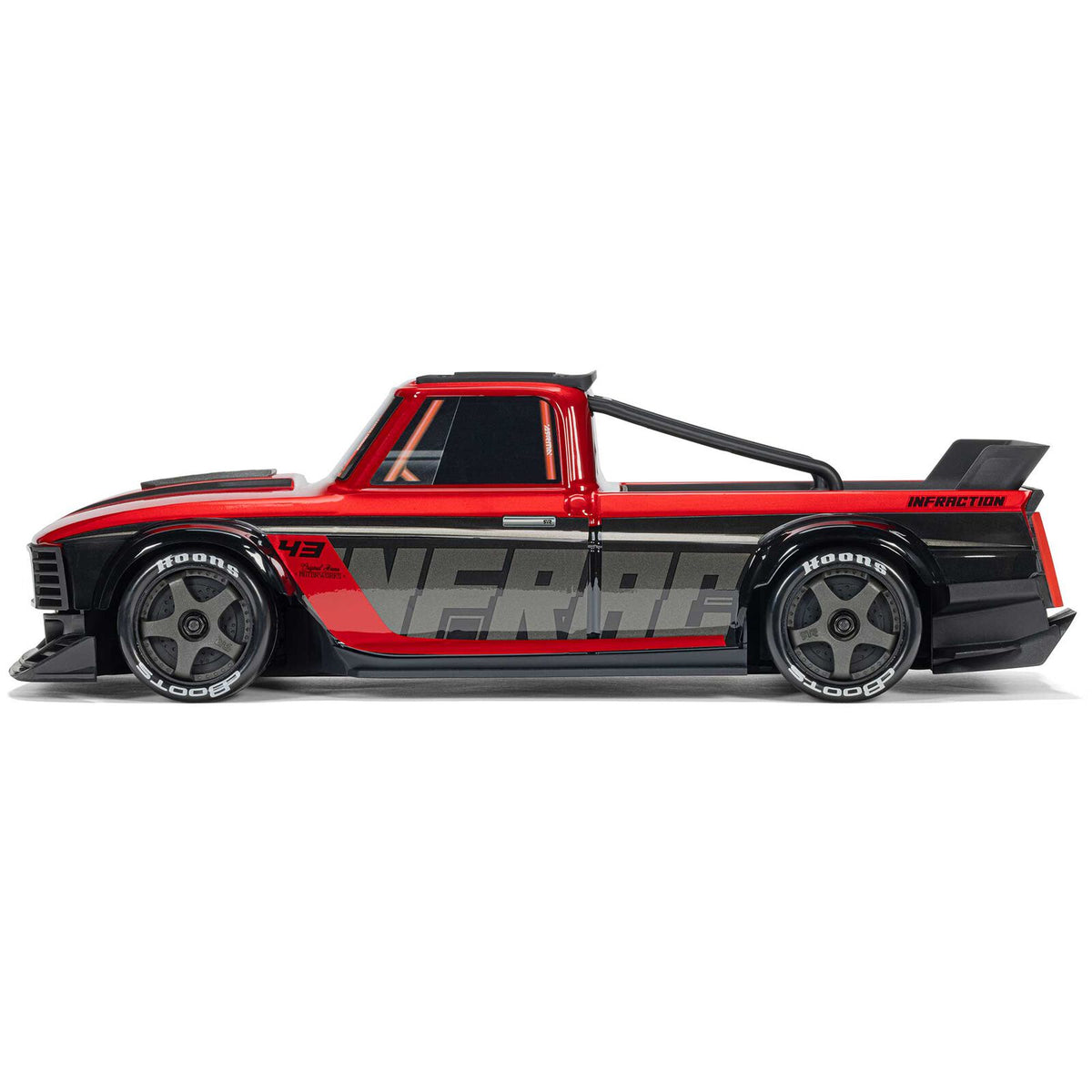 ARRMA 1/12 Infraction GROM 3S BLX 4x4 street truck, showcasing its sleek body, large tires, and brushed motor details.