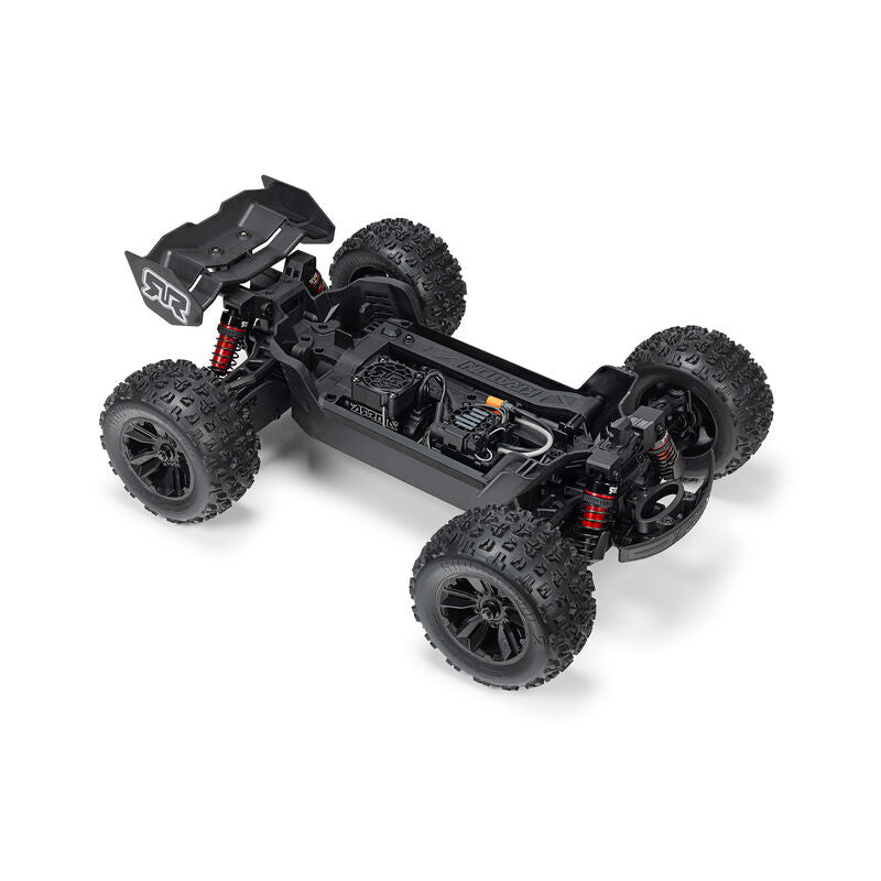 ARRMA 1/16 Mini Kraton 3S RC car in orange with detailed body and off-road tires, showcasing its compact, rugged design.