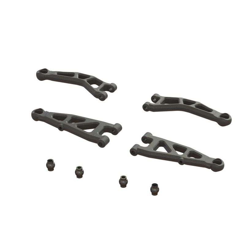 ARRMA GROM front suspension arm set, showing black plastic arms with metal mounting points and screws for RC car suspension.