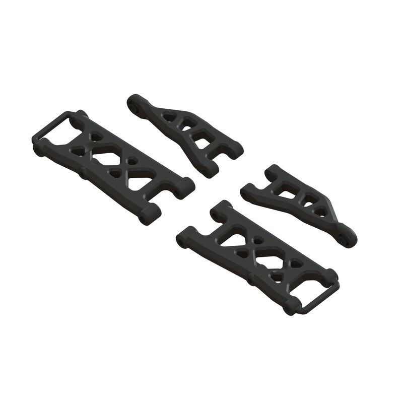 ARRMA GROM rear suspension arm set B with black plastic arms and metal mounting points for RC truck durability and performance.