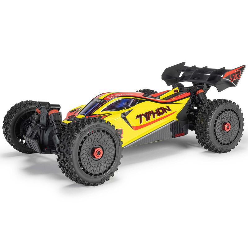 ARRMA 1/8 Typhon 4x4 RTR brushed buggy, detailed view of the remote-controlled off-road racing car with large tires and aerodynamic body